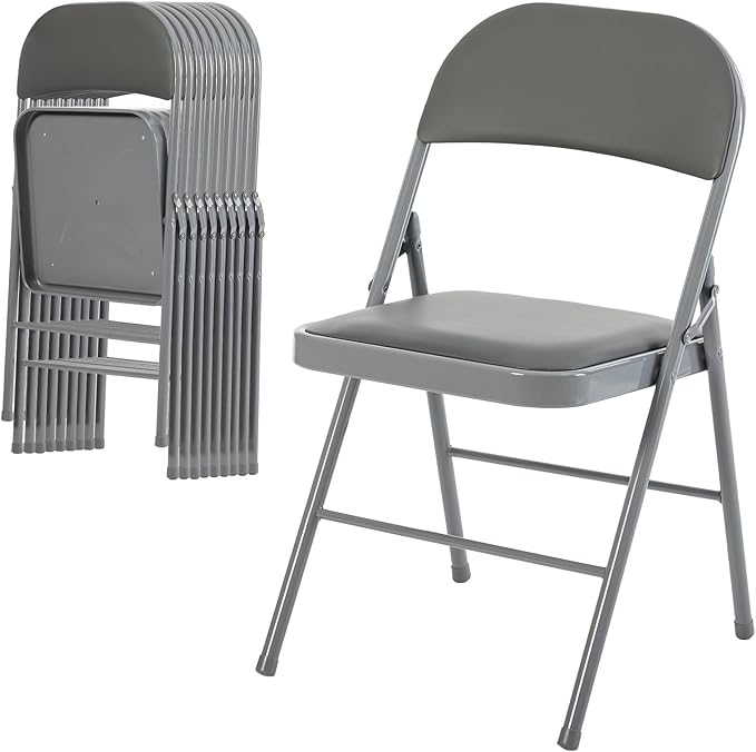 DUMOS 10 Pack Folding Chairs with Padded Cushion and Back - PU Leather Stackable Portable Dining Chiars Set, for Home and Office, Conference, Wedding, Party, Patio, Garden, for Indoor Outdoor, Grey