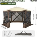 Aoxun 12x12FT Pop Up Canopy Tent, 6-Sided Pop-up Gazebo Screen Tent with Mesh Windows, Outdoor Canopy Shelter Tent with Carrying Bag, Large Shade Tents for Camping, Backyard, Patio, Lawn, Brown