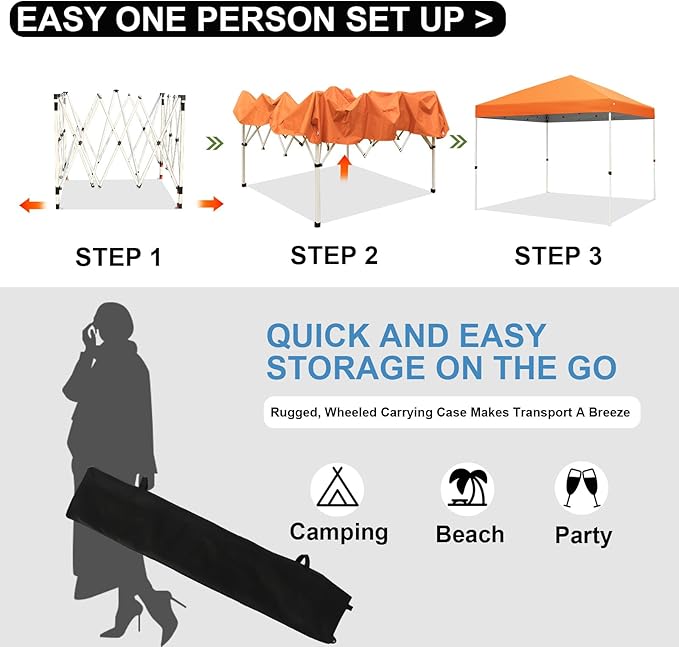 Northroad 10x10ft Pop Up Canopy, Popup Outdoor Canopy Tent with Wheeled Carrying Bag,Portable Gazebo Shelter for Patio,Deck,Garden,Beach（Orange）