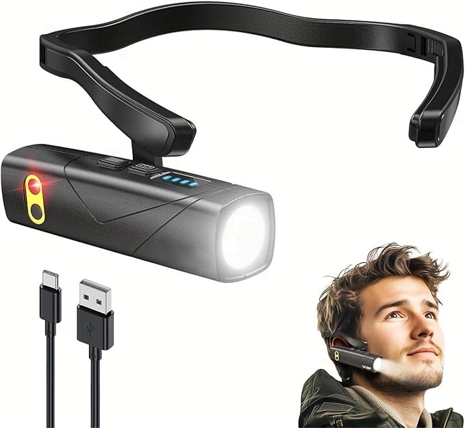 LED Rechargeable Ear-Worn Headlamp with Motion-Sensing Adjustable Main Light, 5 Modes of White and Red Lights, Lightweight and Ideal for Work, Camping, Hiking, and Running