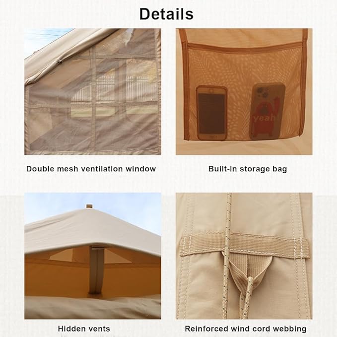 Large Luxury Inflatable Camping Tent Cotton Canvas Tent, Breathable and Waterproof Air Tent with Skylight and Stove Jack Hole for for 4-6-8-10 Person Family Camping