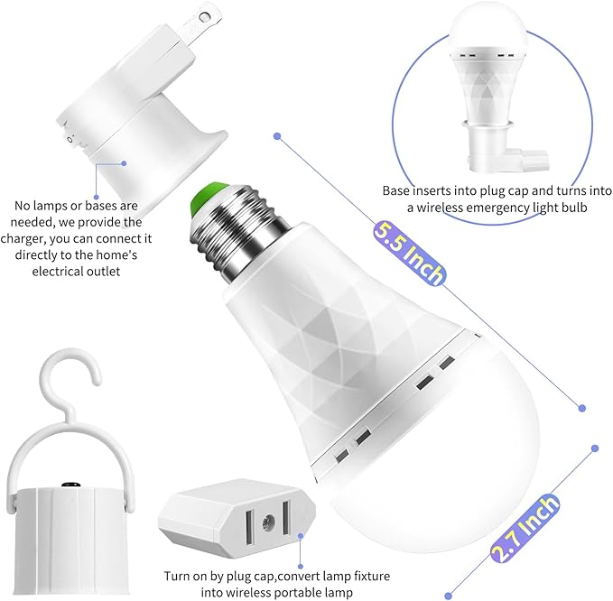 Emergency Rechargeable Light Bulbs, Stay Lights Up When Power Failure, 1500mAh 12W 60W Equivalent LED Light Bulbs for Home, Camping, Hiking ((with Hook,with Plug Cap,with socket adapter) 6 Pack