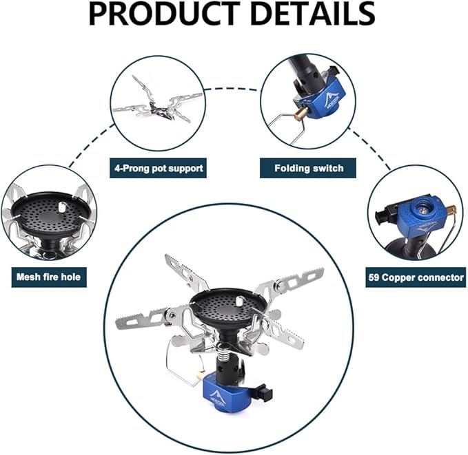 Widesea Portable Camping Stove with Canister Stand & 4 Detachable Legs Mini 3300W Power Backpacking Stove with Electronic Ignition Ultralight Compact for Outdoor Cooking, Hiking, Picnics