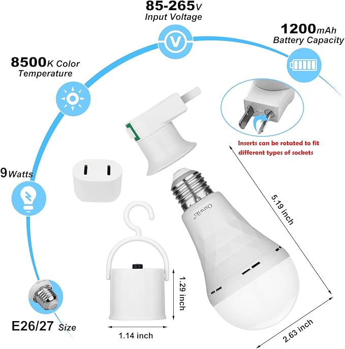2 Pack Emergency Rechargeable Light Bulbs,Battery Operated Backup Light Bulb 9W E27 8500K 1200mAh White Equivalent Self-Charging LED Light Bulbs for Power Outage Camping Outdoor Activity