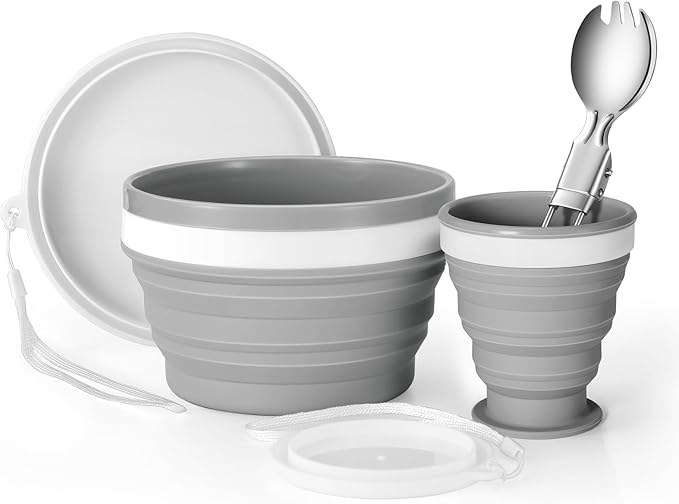 Odoland Camping Collapsible Silicone Cup and Bowl Set, Portable Mess Kit with Stainless Steel Spork and Lid for 1 Person Backpacking, Family Cookware, Hiking, Picnic, Travel