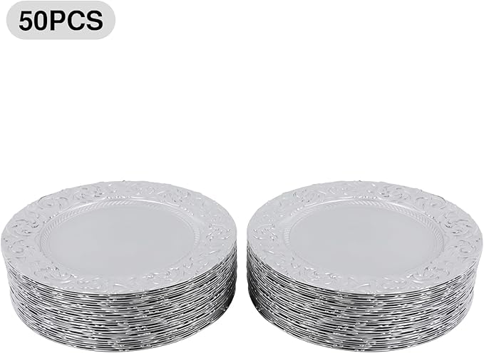 50 Pcs Silver Charger Plates Bulk, 13" Round Plastic Embossed Charger Plates, Decorative Table Dinner Chargers for Thanksgiving, Halloween, Wedding, Party, Christmas, Decor (Silver)