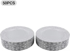 50 Pcs Silver Charger Plates Bulk, 13" Round Plastic Embossed Charger Plates, Decorative Table Dinner Chargers for Thanksgiving, Halloween, Wedding, Party, Christmas, Decor (Silver)