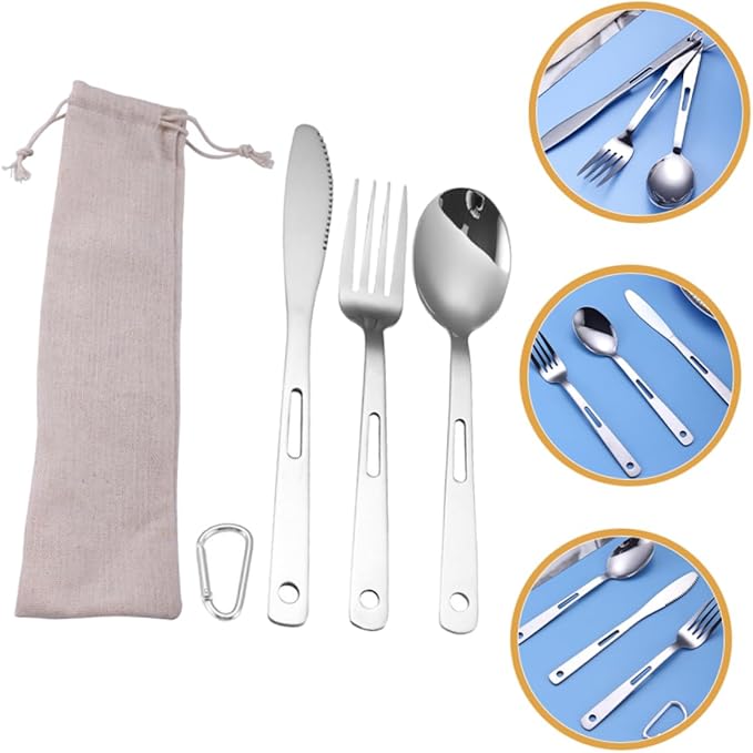 Yardwe 2sets Portable Camping Cutlery Stainless Steel Outdoor Tableware Fork Spoon Cutter Carrying Bag for Bbq Picnic Hiking and Camping Activities
