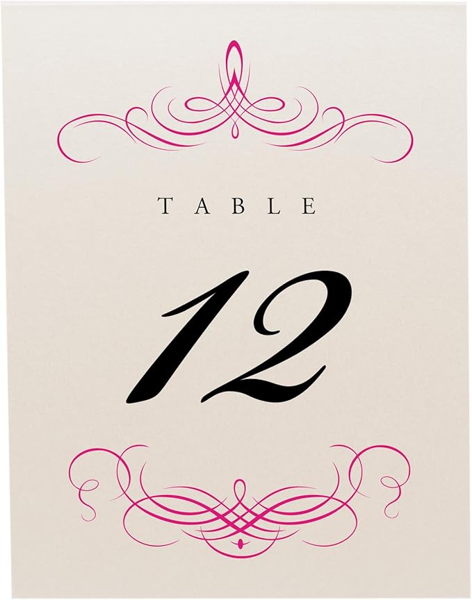 Decadent Flourish Wedding Table Numbers (Select Color/Quantity), Champagne, Fuschia, 1-100, Double Sided, Tent or Use in a Stand, Great for Parties & Restaurants