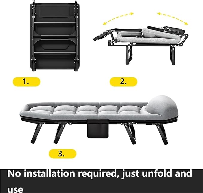 Cotton Linen Camping Cot, Space Saving Folding Bed for Adults, 6-Position Folding Chaise Lounge Chair for Indoor Outdoor