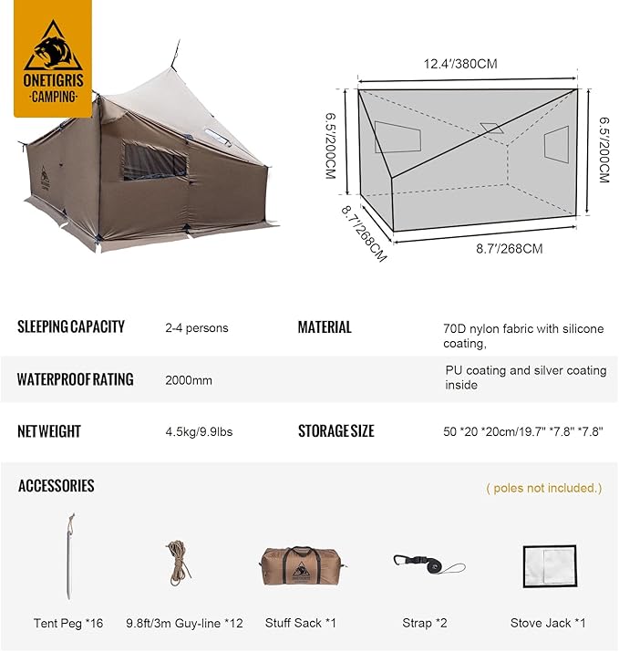 OneTigris COZSHACK Hot Tent, Large Spacious 4 Person Tent with Stove Jack, Windproof Waterproof Tent for Wood Stove Bushcraft Camping Travel Truck Family