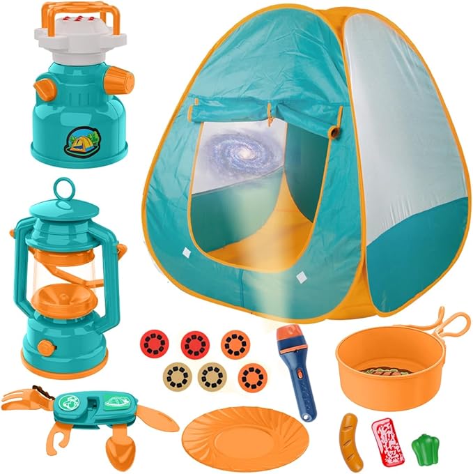 Kids Camping Set Pop Up Play Tent & Space Projector Flashlight- Outdoor Campfire Toy for Toddlers Kids - Pretend Play Camp Gear Tools for Birthday Christmas