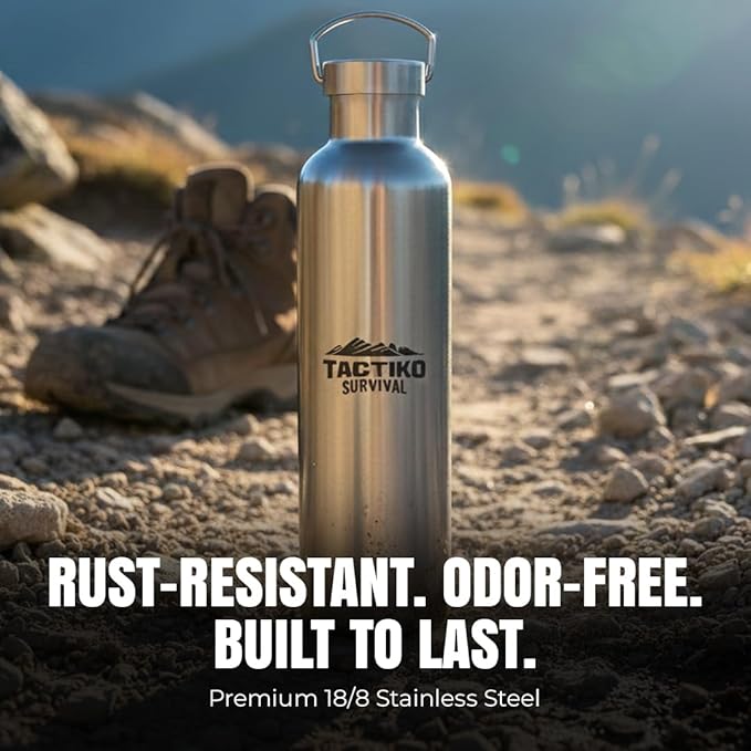 Tactiko Survival 1000ml / 34 oz Insulated Stainless Steel Wide Mouth Water Bottle, Double Wall Insulation - Leakproof, BPA-Free with Cleaning Brush for Camping, Hiking, Outdoor Prep