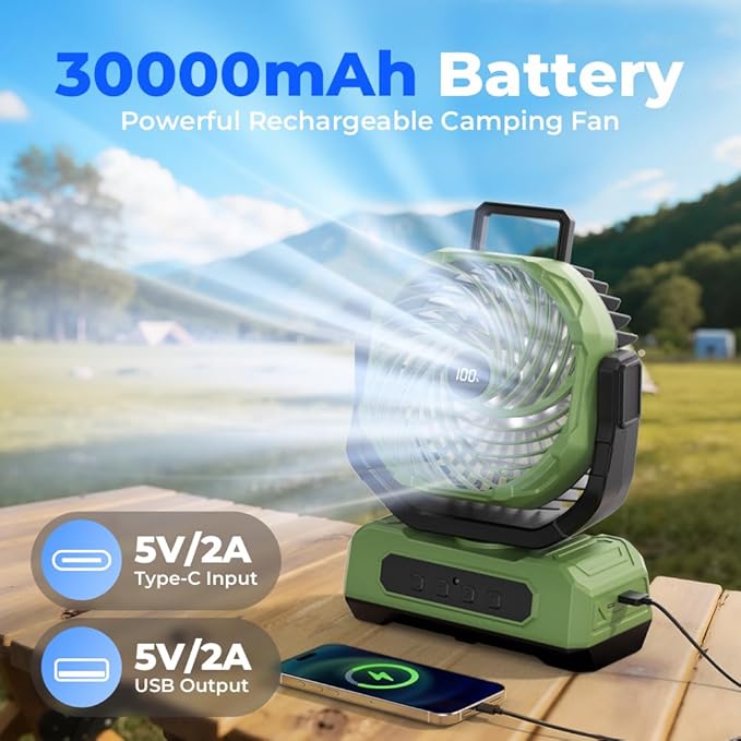 30000mAh Portable Camping Fan with RGB Lantern, Rechargeable Battery Powered Oscillating 4 Wind Speeds LED Display, Remote Control Timer Tent Beach Cordless USB Fans for Travel Home Outdoor, Green