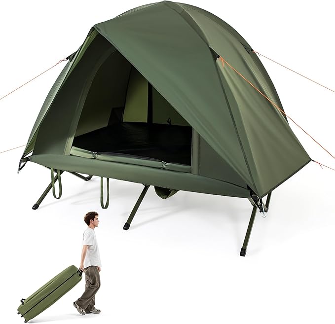Tangkula 2 Person Tent Cot, Portable Off Ground Elevated Camping Tent with Cot, Removable Rainfly, Wheeled Bag, Stakes & Wind Ropes for Picnic, Hiking, Travel, Beach
