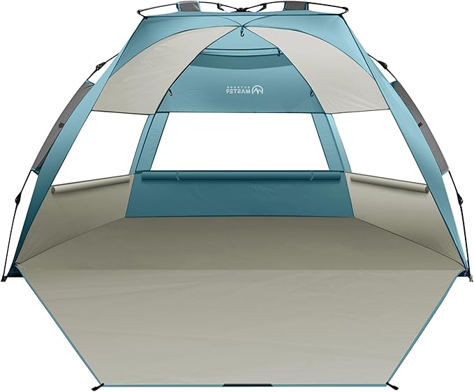 OutdoorMaster Beach Tent Sun Shelter for 3-4 Person, Pop Up Beach Tent Easy Setup with Sandbags, Portable Sun Shade Canopy with Carrying Bag for Beach & Outdoor, UPF50+ UV Protection, Family Size
