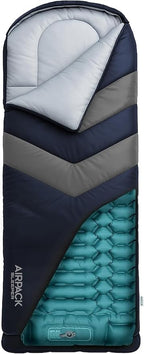 Sleeping Bag with Built-in Pad (AirPack Sleeper) - All-in-One Inflatable Sleeping Pad and Pillow for Camping with Built-in Foot Pump (Blue/Gray) 210x80cm