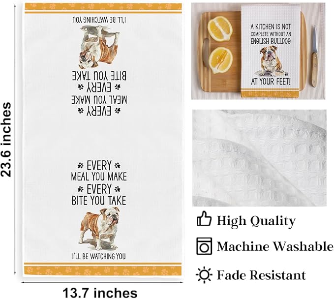 2Pcs Funny Dog Kitchen Towels 24x14 Inch, Cute English Bulldog Waffle Weave Dish Towels for Kitchen Home, White Absorbent Microfiber Hand Tea Towel, English Bulldog Gifts for Women Dog Lovers