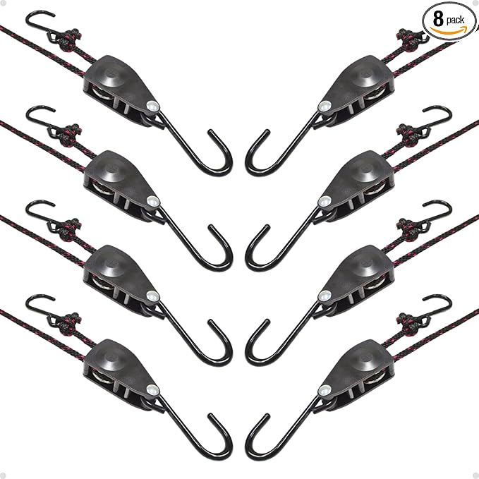 1/4" Ratchet Tie Down Straps: 8 Pack of Adjustable Rope Hangers - Garage Accessories for Quick Hanging