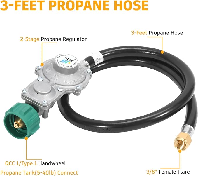 GasSaf 3FT 2 Stage Propane Regulator Hose, Propane Regulator with Hose for Dual Fuel Generator, RV Appliance, Gas Stove and More, 3/8 Female Flare Nut