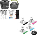 Odoland Bundle – 2 Items 12pcs Camping Cookware Mess Kit with Mini Stove and 25pcs Stainless Steel Utensils Camping Tableware Kit for Backpacking, Outdoor Camping Hiking and Picnic