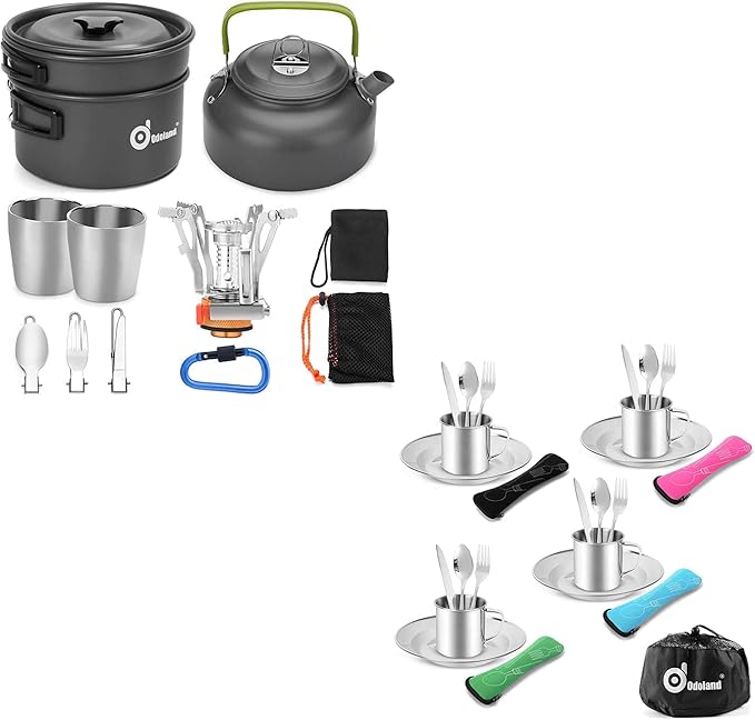 Odoland Bundle – 2 Items 12pcs Camping Cookware Mess Kit with Mini Stove and 25pcs Stainless Steel Utensils Camping Tableware Kit for Backpacking, Outdoor Camping Hiking and Picnic