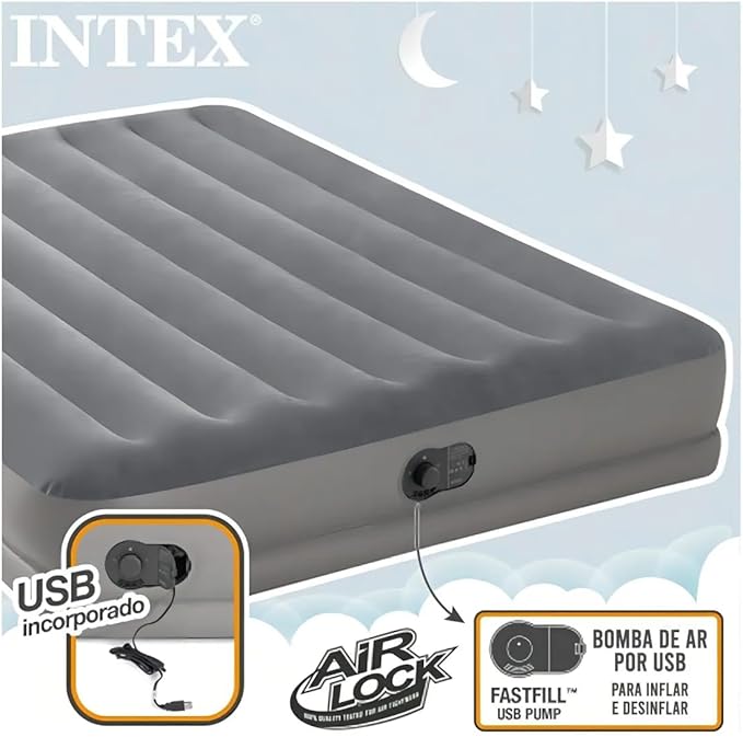 Intex 64114E Dura-Beam Standard Prestige Air Mattress: Fiber-Tech – Queen Size – Built-in USB Electric Pump – 12in Bed Height – 600lb Weight Capacity