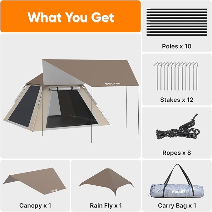 Golabs 3 Person Camping Tent w/ 9.5x8.5 ft Canopy, 3-Minute Setup by Pre-Attached Pole, PU1500mm Waterproof, 4 Side Mesh Tent Top & Door & Ventilation, Portable Family Tent w/Carry Bag & Pocket & Hook