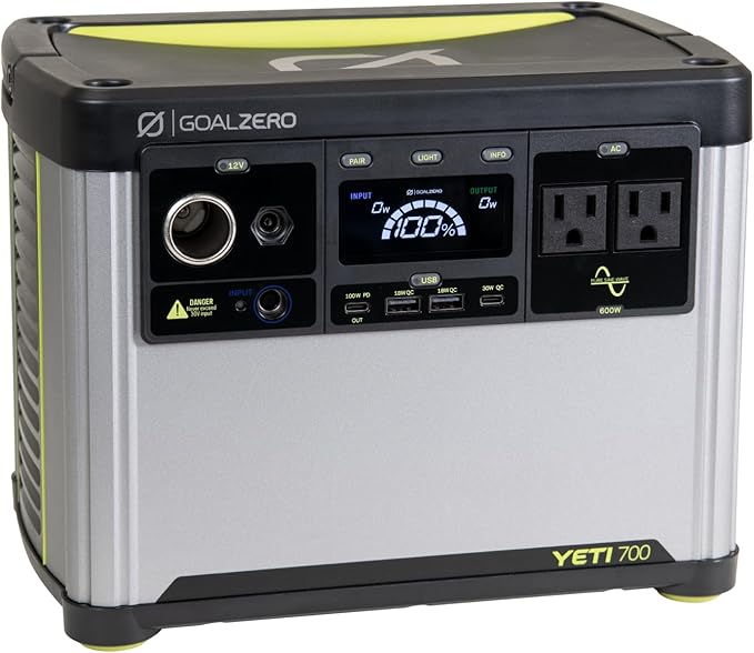 Goal Zero Yeti Portable Power Station, Yeti 700, 677 Watt Hour LiFePO4 Battery, Water Resistant & Dustproof Solar Generator for Outdoors, Camping, Tailgating, & Home, Clean Renewable Off-Grid Power