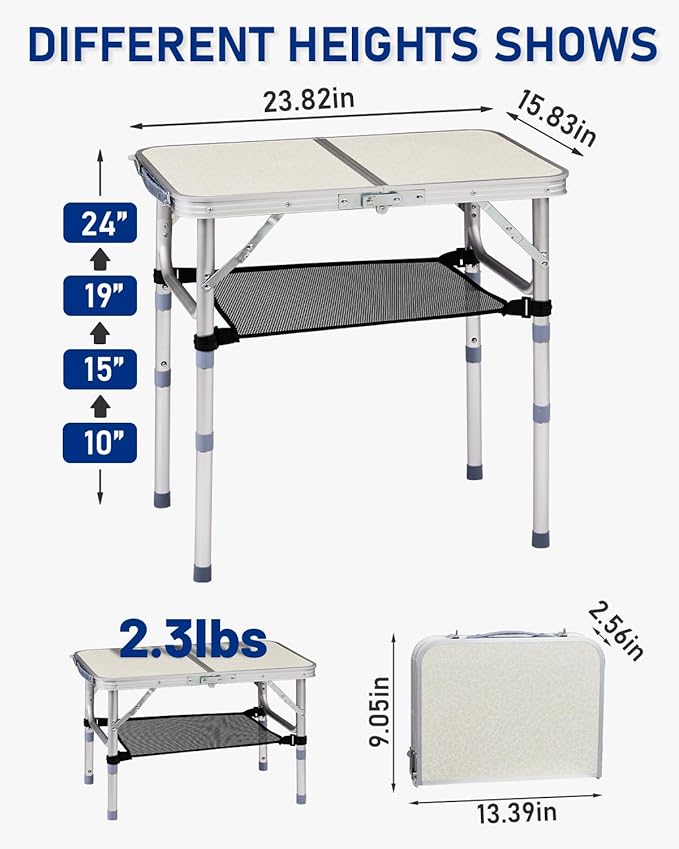 Outvita Folding Table, 2FT Aluminum Camping Table with Storage Adjustable Height Picnic Table Lightweight for Carring Outdoor Party Events Beach
