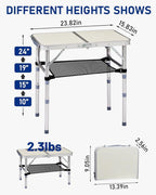 Outvita Folding Table, 2FT Aluminum Camping Table with Storage Adjustable Height Picnic Table Lightweight for Carring Outdoor Party Events Beach