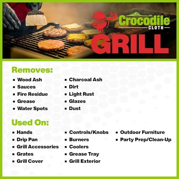 Crocodile Cloth Grill Wipes, 640 Count (8 Packs) – Extra-Large 15” x 10” Plant-Based Cleaning Cloths, Safe on Skin & Surfaces, Pre-Moistened with Aloe & Vitamin E