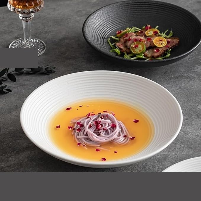 Camping Plates Salad Bowl Fruit Household Ceramic Tableware Light Luxury Large Soup Ramen Decorative Plate(A,Medium)