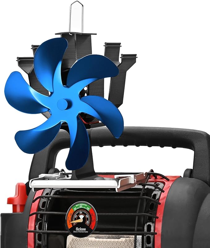 Sckee Wood Stove Fan, Heat Powered Fireplace Fan with Bracket Compatible for Propane Log Burner Wood Burning Stove Accessory for Camping Outdoor Indoor Use (Blue)
