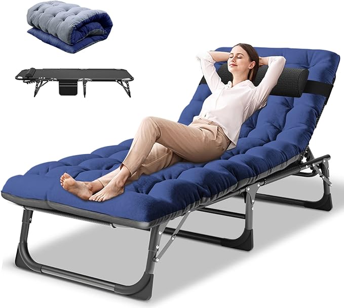 DoCred Folding Lounge Chair with Mattress, 5 Position Adjustable Folding Sleeping Bed Cot Chaise Lounge Chairs Perfect for Sunbathing, Camping, Pool, Beach, Patio