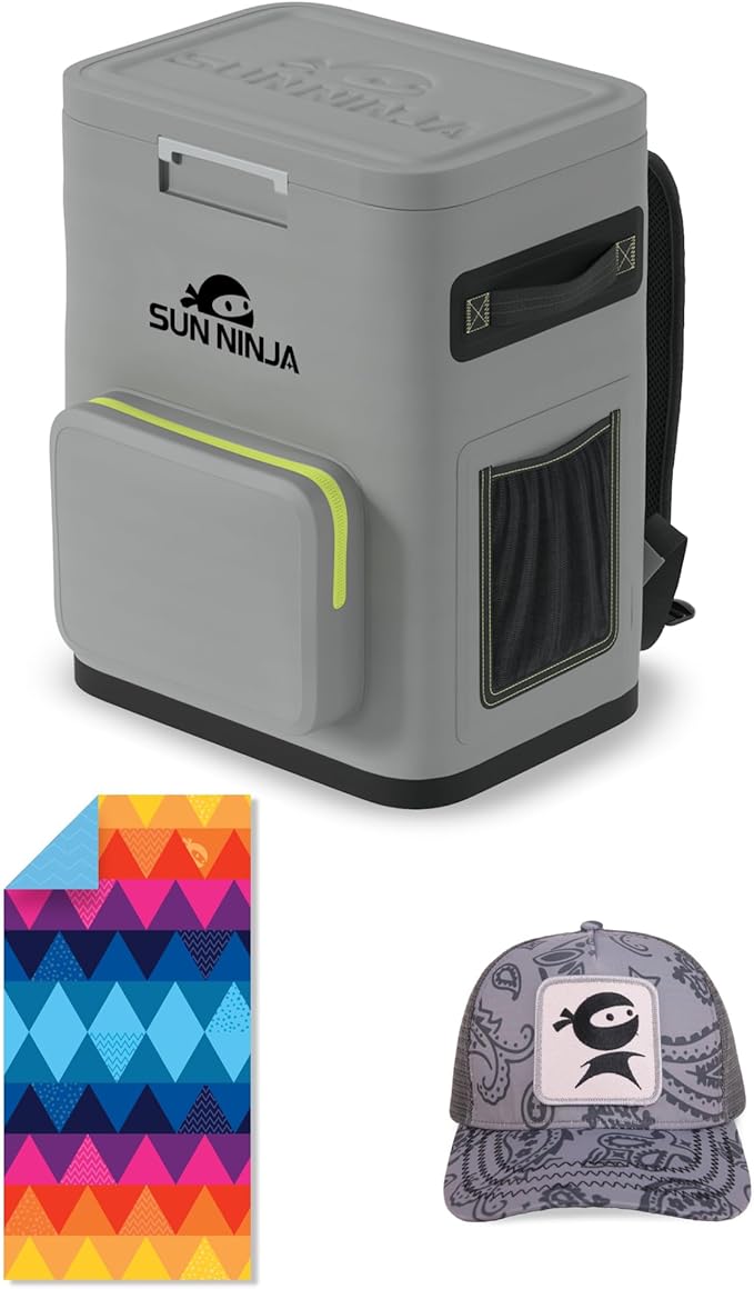 SUN NINJA Cooler Backpack Bundle with Microfiber Beach Towel, Trucker Hat, 48-Hour Cooling, Leakproof, Waterproof, Sand-Free, Quick-Dry - Outdoor Adventure Kit