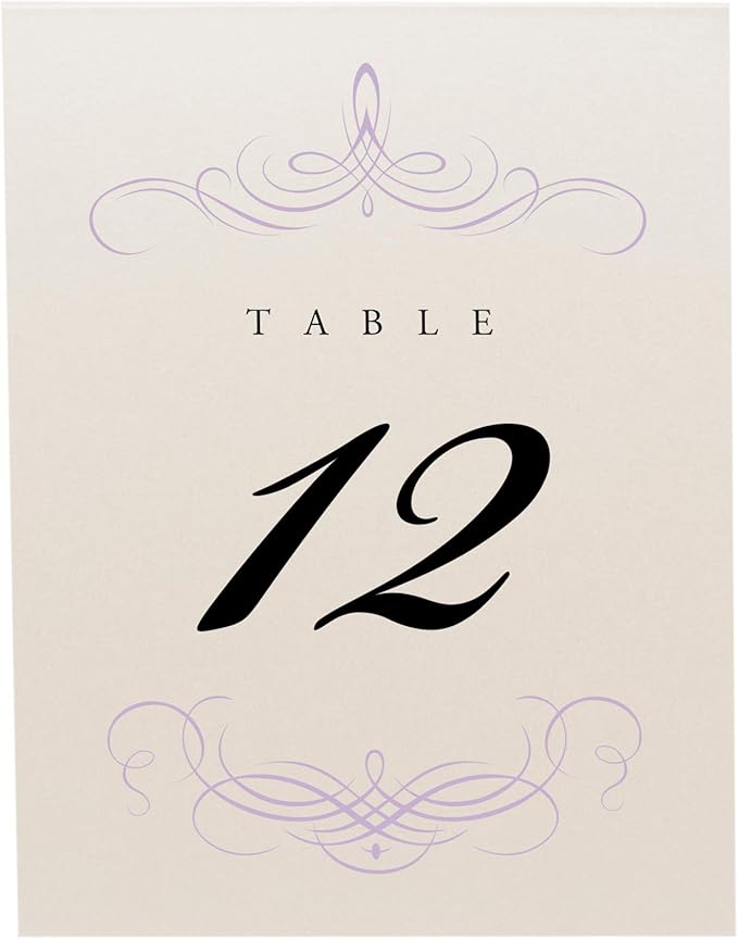 Decadent Flourish Wedding Table Numbers (Select Color/Quantity), Champagne, Lavender, 1-25, Double Sided, Tent or Use in a Stand, Great for Parties & Restaurants