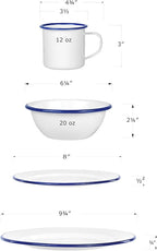 Red Co. 16-Piece Enamelware Metal Dinnerware Set for 4, Solid White/Navy Blue Rim