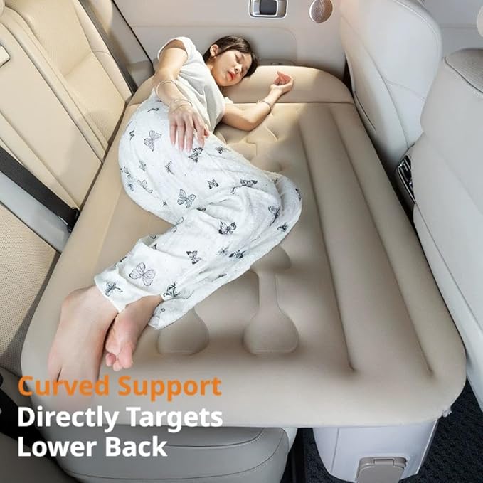 Inflatable Car Air Mattress Travel Bed, Thickened Car Camping Bed Sleeping Pad with Air Pump, Inflatable Pillows for Back Seat, Side Seat,Trunk Sleeping (Beige 1set)