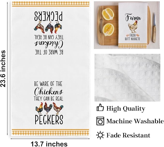 2Pcs Funny Kitchen Towels 24x14 Inch, Rooster Chicken Kitchen Decor Waffle Weave Hand Towels for Farmhouse, White Absorbent Microfiber Dish Cloth Tea Towel Chicken Gifts for Women Mom 4