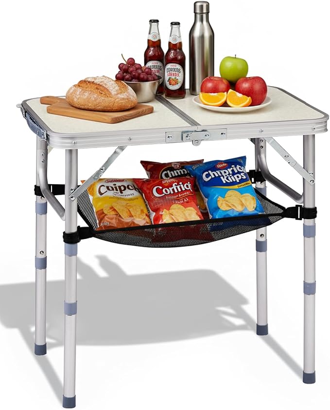 Outvita Folding Table, 2FT Aluminum Camping Table with Storage Adjustable Height Picnic Table Lightweight for Carring Outdoor Party Events Beach