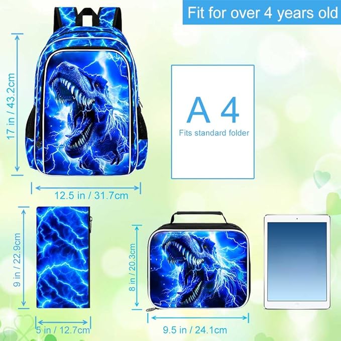 17" Dinosaur Backpack for Boy, 3Pcs Lightning Bookbag for Elementary Preschool Kindergarten, Kids School Backpacks with Lunch Box (Blue)
