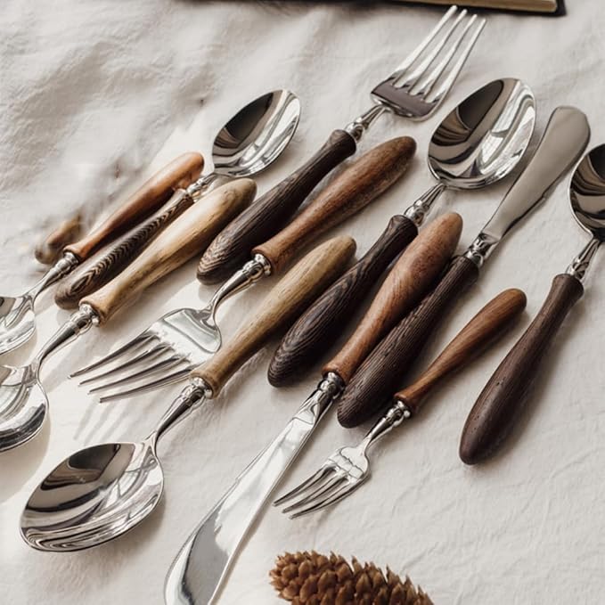 40 Piece Silverware Set Service for 8,Premium Wooden Handle Stainless Steel Flatware Set Home Include Fork Knife Spoon Set Gift Package for Christmas and Thanksgiving（Light Brown）
