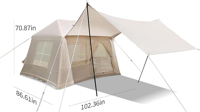 KEIKI Oxford Hot Tent for Camping, 2/3/4/6/8 Person Large Inflatable Tents w/Detachable Canopy, 4 Season Waterproof Tent for Hike Backpacking, Stove Jack AC Port, Mesh Doors Windows, Pump, Easy Setup