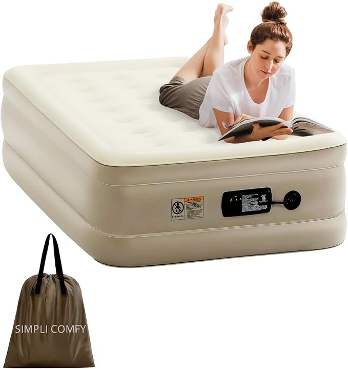 Simpli Comfy 18" Raised Twin Inflatable Air Mattress with Built-in AC Pump, Fast Self-Inflating Blow Up Air Bed with Waterproof Top for Home, Travel, Camping 75” x 40” x 18"