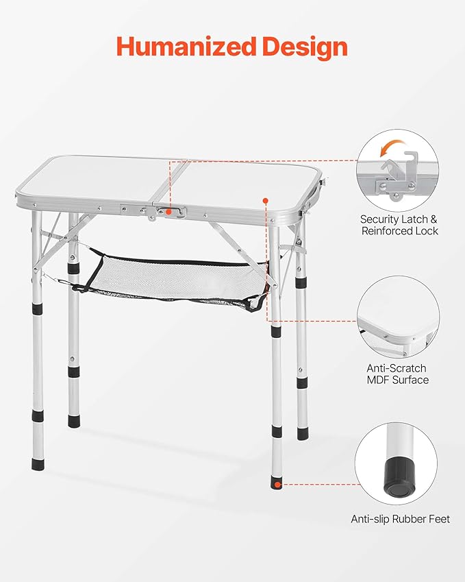 VEVOR Folding Camping Table, Adjustable Height Aluminum MDF Outdoor Portable Lightweight, for Cooking, Beach, Picnic, Travel, 24 x 16 inch