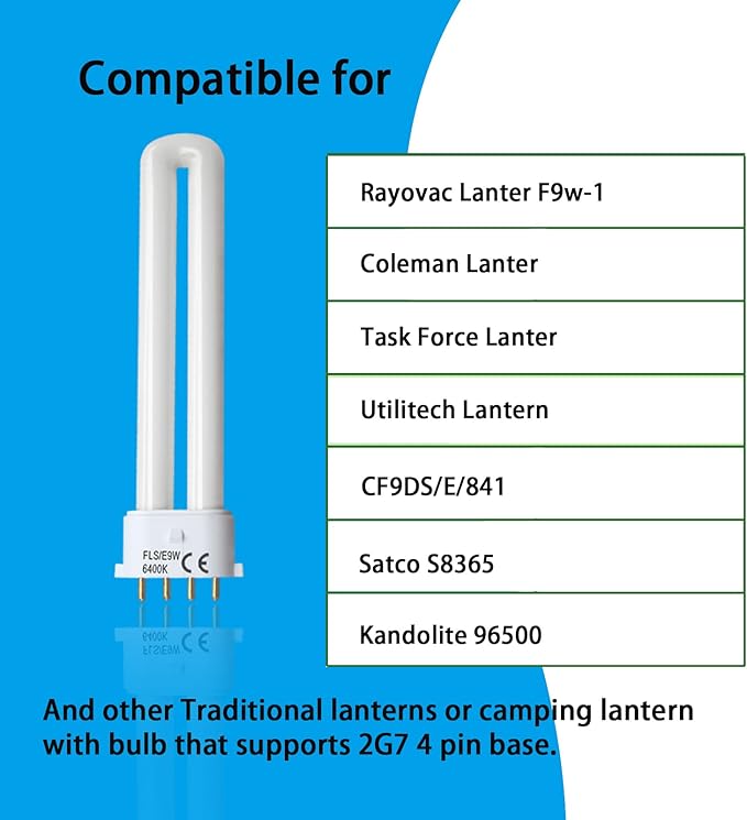 (2PACK) FLS/E9W Fluorescent Bulb,Replacement for Camping Lantern Bulb,4 Pin 2G7 Base,5.5 inch Special Size,6400K