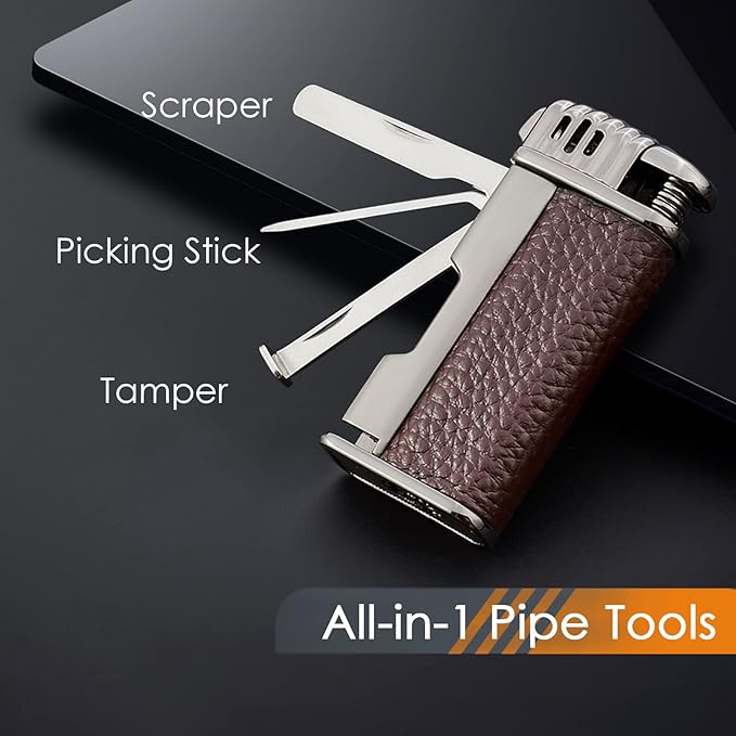 Urgrette 3 in 1 Pipe Lighter Butane Angled Soft Flame Refillable with 3 Pipe Cleaner Tools Multifunctional Gas Lighter for Camping Grill Fireplace Candle (Gas Not Included)