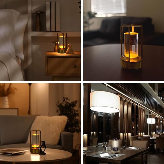 CLT Cordless Luxury Rechargeable Metal LED Lantern, Table Lamp Portable Light with 3 Color Temperature Stepless Dimming Indoor Outdoor Use for Bedroom, Restaurant, Bar, Coffee Shop, Camping (Black)