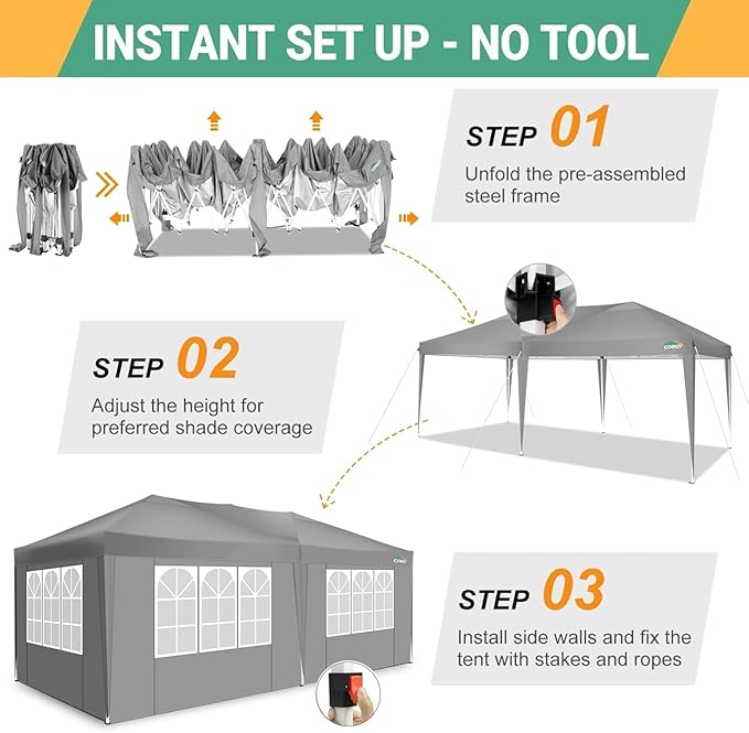 COBIZI 10x20 Pop Up Canopy Tent with 6 Sidewalls Party Tents Waterproof UPF 50+ Commercial Instant Outdoor Events Tent for Parties Markets Backyard, Ropes（10 x 20 ft Gray